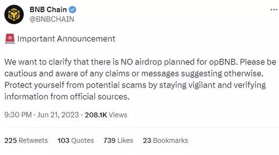 BNB twitter message on airdrop