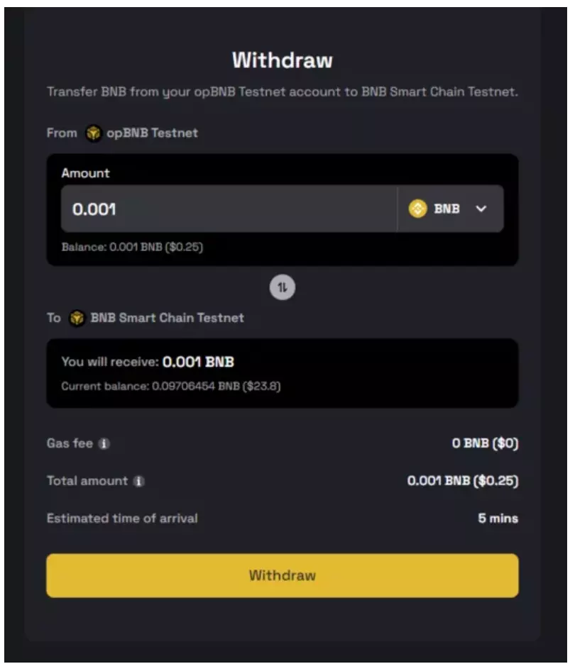 BNB withdraw screen