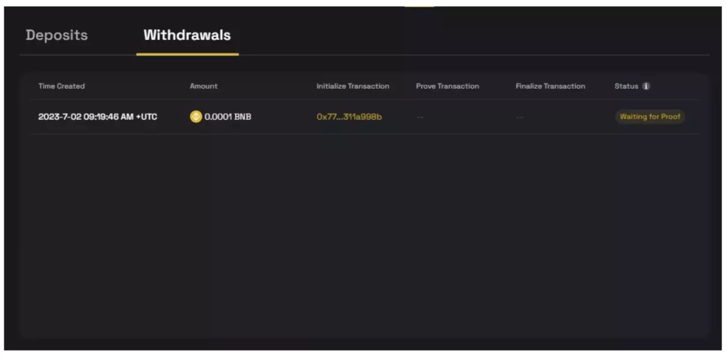 BNB withdrawal confirmation